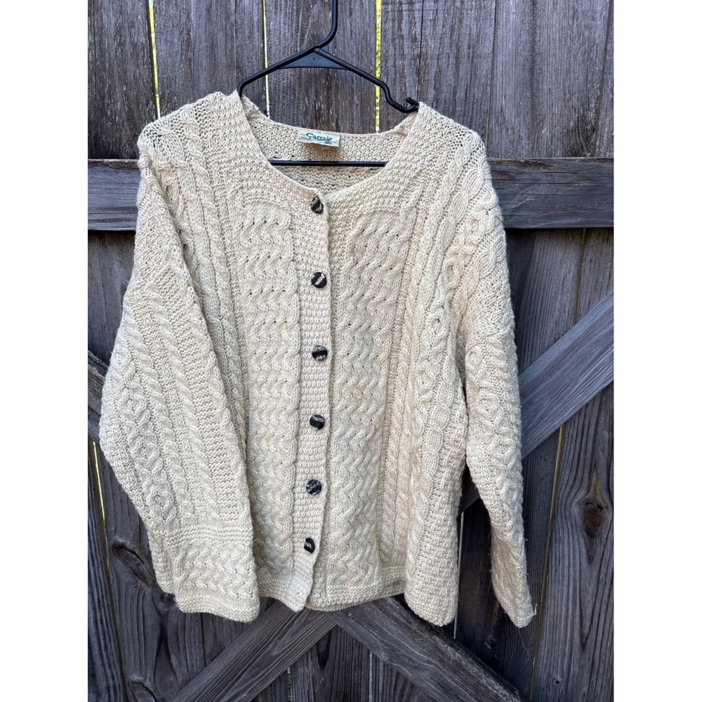 VTG Carraig Donn Aran Wool Cardigan Sweater Cream Cable Knit Made in Ireland Med